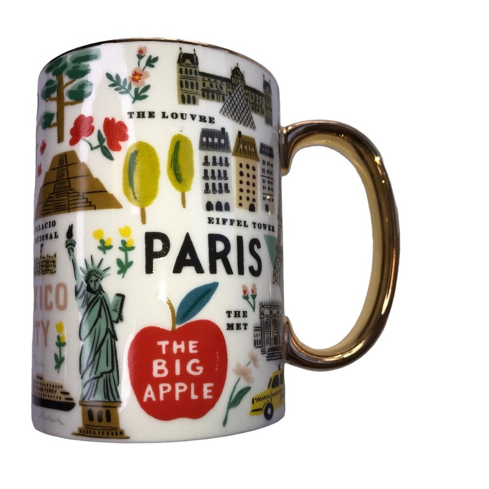 Gold Handle Mug Ceramic Cup Coffee / Tea White with Travel Icon Pictures.  Rifle
